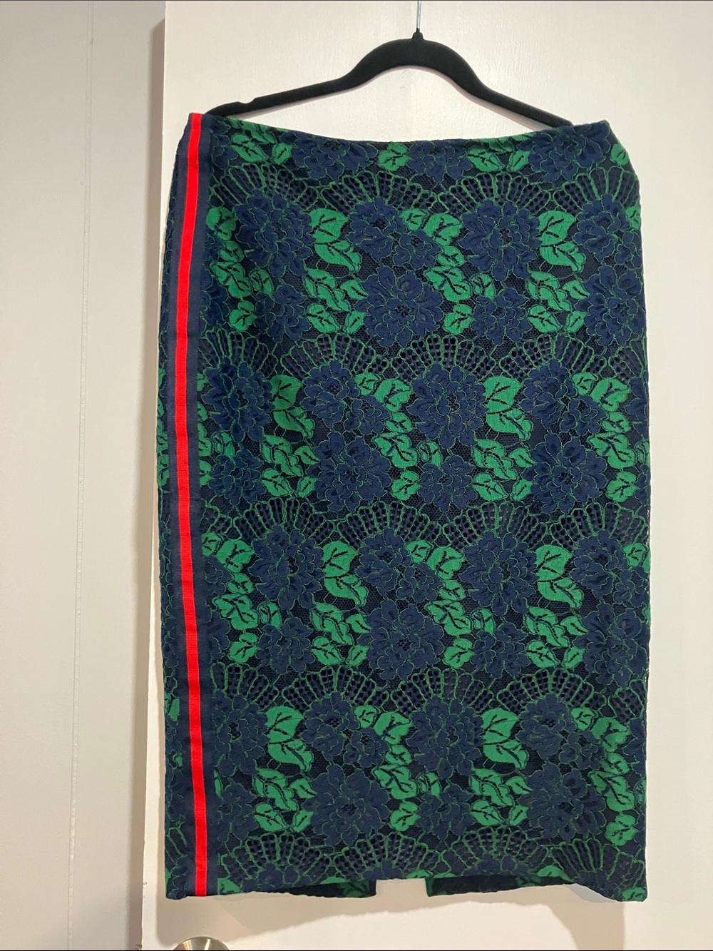 Ted Baker London Green and Navy Lace-Overlay Pencil Skirt with Red Stripe